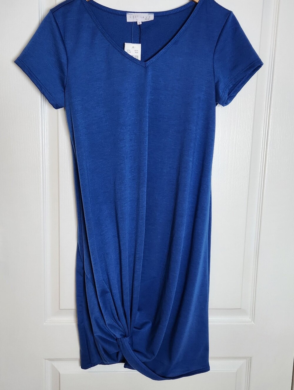 C'est La Vie Womens Small Dress V-Neck Blue Short Sleeves Knee Length NWT USA
